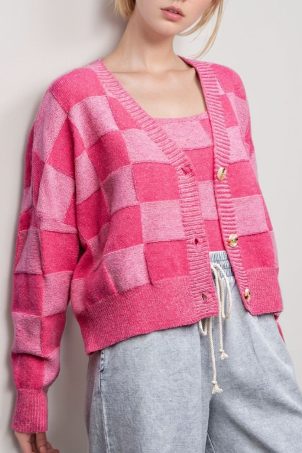 Checkered V-Neck Long Sleeve Cardigan - Pahabu - Women's Clothing & Shop