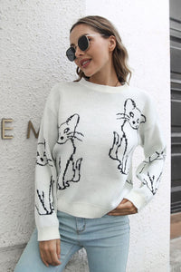 Cat Pattern Round Neck Long Sleeve Pullover Sweater - Pahabu - Women's Clothing & Shop
