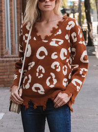 Leopard Frayed Hem Long Sleeve Sweater - Pahabu - Women's Clothing & Shop
