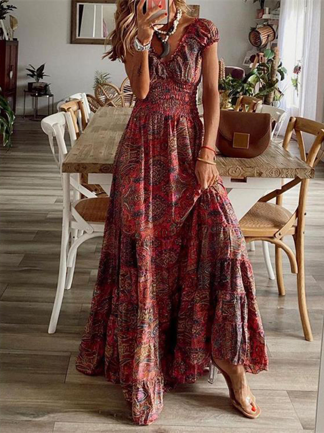 Full Size Smocked Printed V-Neck Short Sleeve Dress - Pahabu - Women's Clothing & Shop