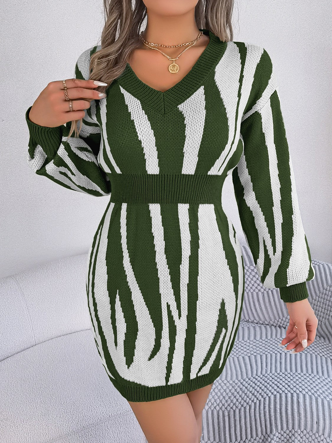 Animal Print V-Neck Long Sleeve Sweater Dress - Pahabu - Women's Clothing & Shop