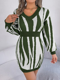 Animal Print V-Neck Long Sleeve Sweater Dress - Pahabu - Women's Clothing & Shop