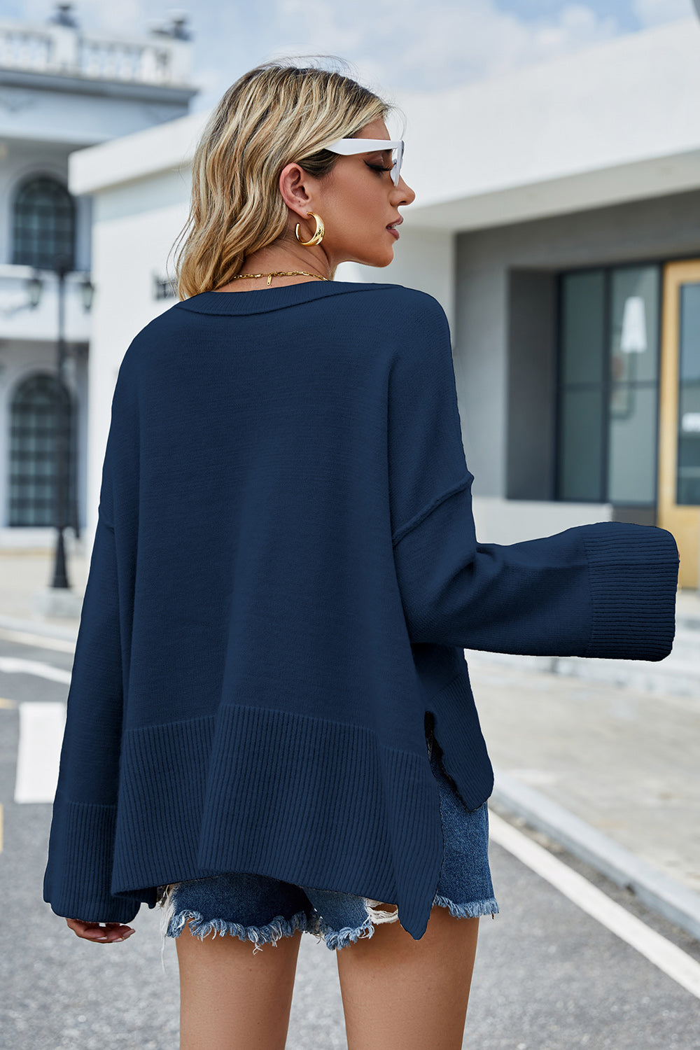 High-Low Slit Round Neck Long Sleeve Sweater - Pahabu - Women's Clothing & Shop