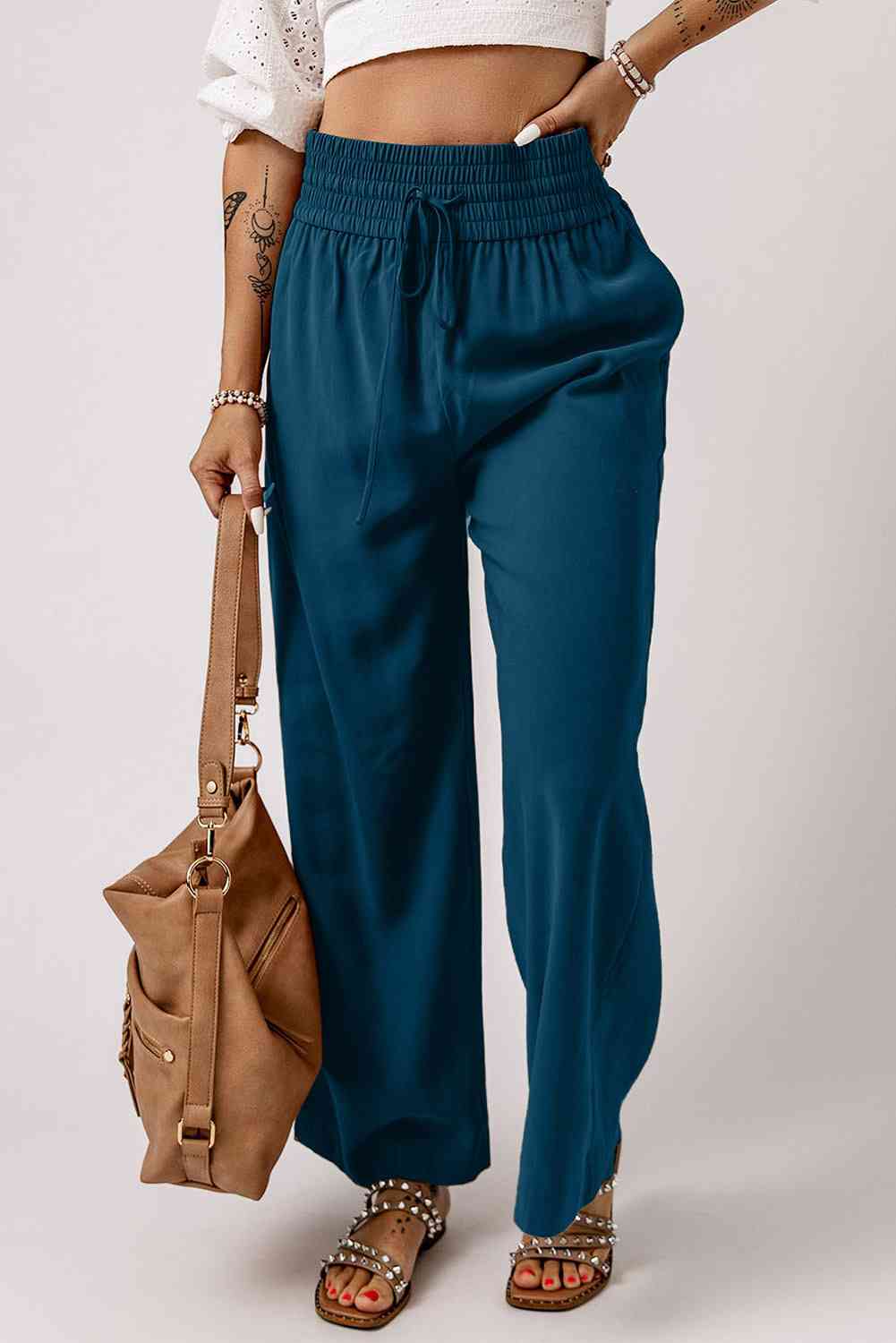 Drawstring Smocked Waist Wide Leg Pants - Pahabu - Women's Clothing & Shop