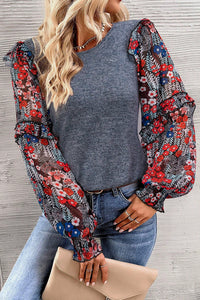 Heathered Floral Frill Lantern Sleeve Blouse - Pahabu - Women's Clothing & Shop