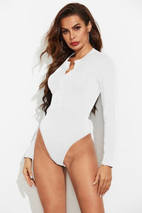 Half Button Round Neck Long Sleeve Bodysuit - Pahabu - Women's Clothing & Shop