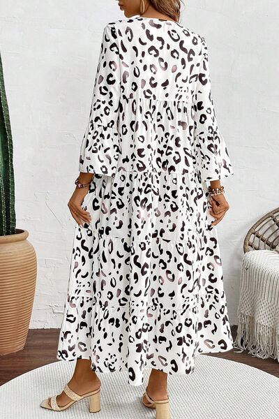 Leopard Notched Long Sleeve Dress - Pahabu - Women's Clothing & Shop