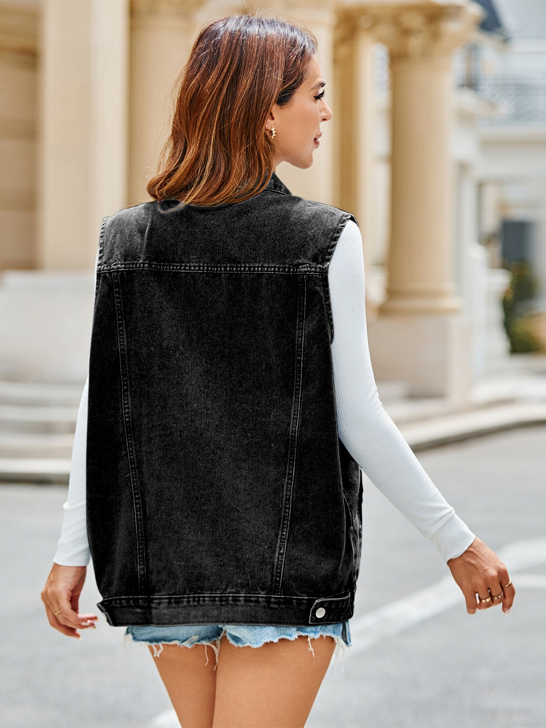 Pocketed Button Up Sleeveless Denim Jacket - Pahabu - Women's Clothing & Shop