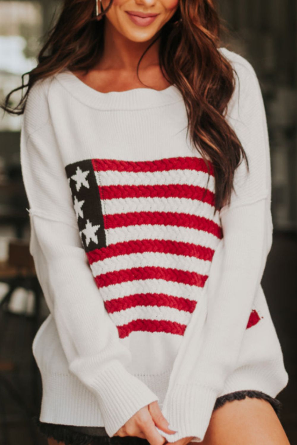 US Flag Side Slit Drop Shoulder Sweater - Pahabu - Women's Clothing & Shop