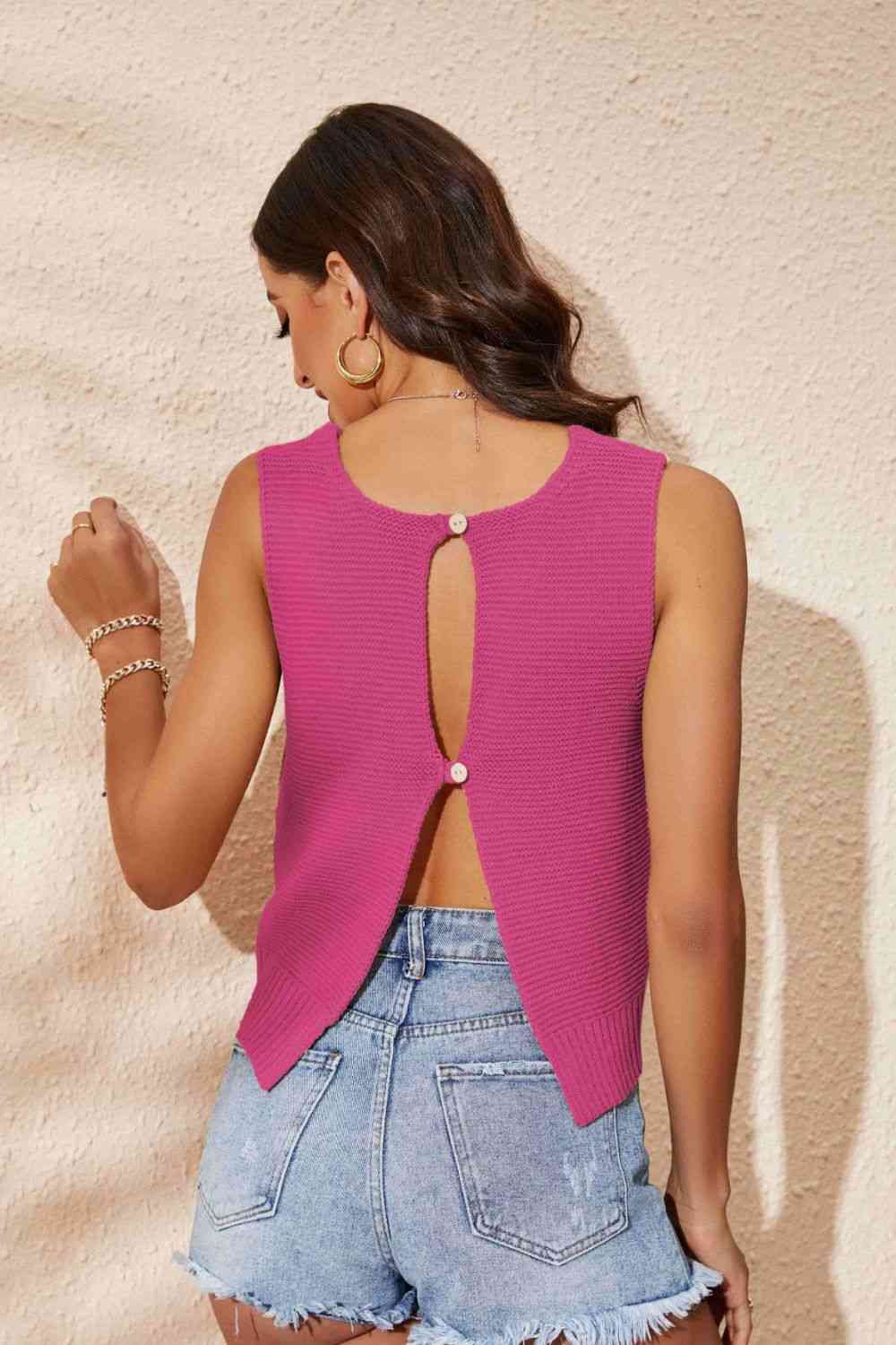 Buttoned Cutout Ribbed Trim Knit Tank - Pahabu - Women's Clothing & Shop