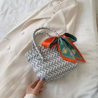 Contrast Woven Handbag with Ribbon - Pahabu - Women's Clothing & Shop