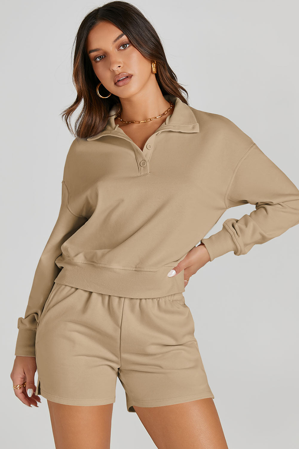 Half Button Sweatshirt and Shorts Active Set - Pahabu - Women's Clothing & Shop
