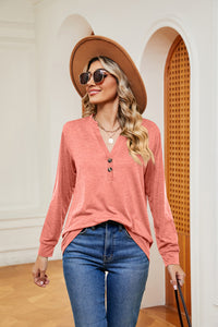 Buttoned Notched Neck Long Sleeve Top - Pahabu - Women's Clothing & Shop