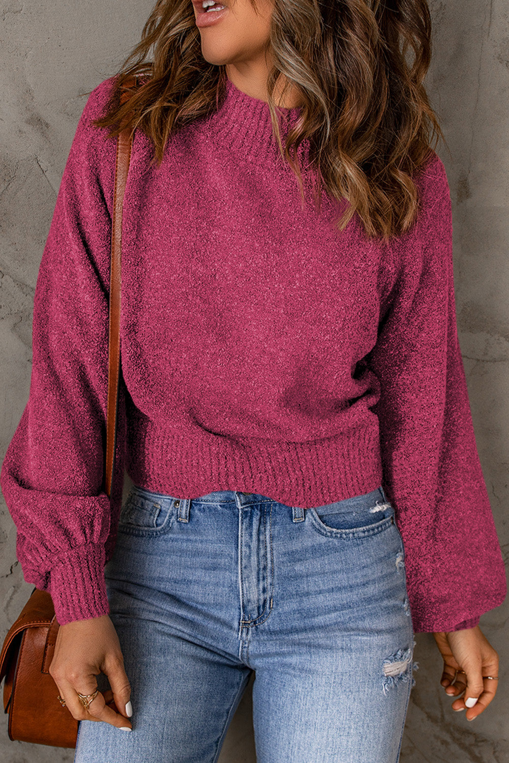 Ribbed Trim Balloon Sleeve Sweater - Pahabu - Women's Clothing & Shop