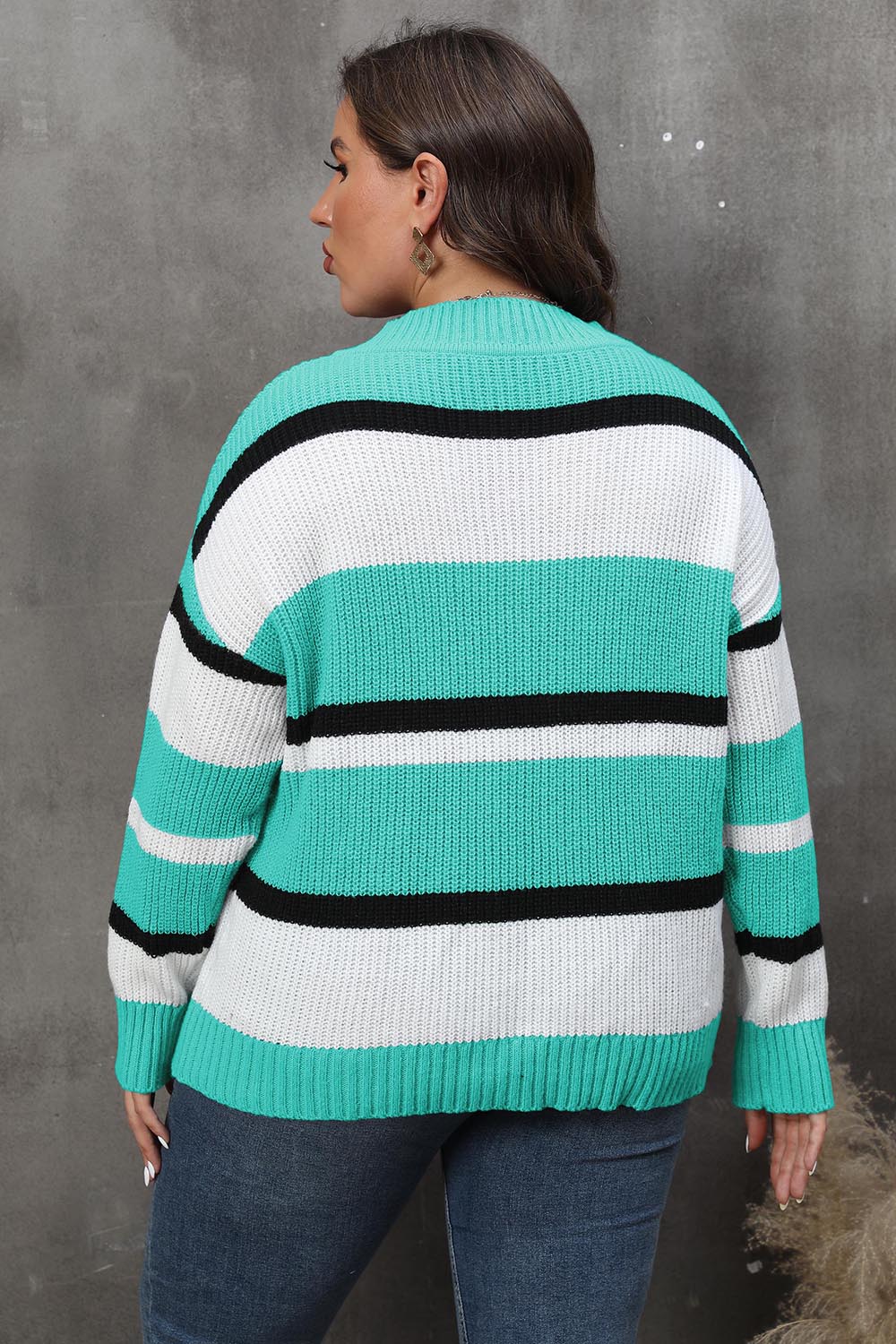 Plus Size Striped V-Neck Dropped Shoulder Sweater - Pahabu - Women's Clothing & Shop
