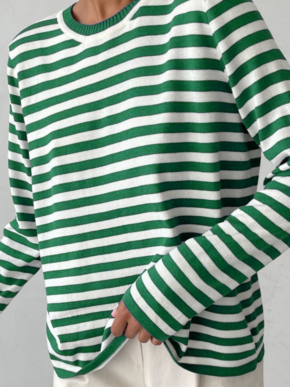 Striped Round Neck Long Sleeve Sweater - Pahabu - Women's Clothing & Shop