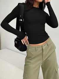 Solid Color Round Neck Long Sleeve T-Shirt - Pahabu - Women's Clothing & Shop