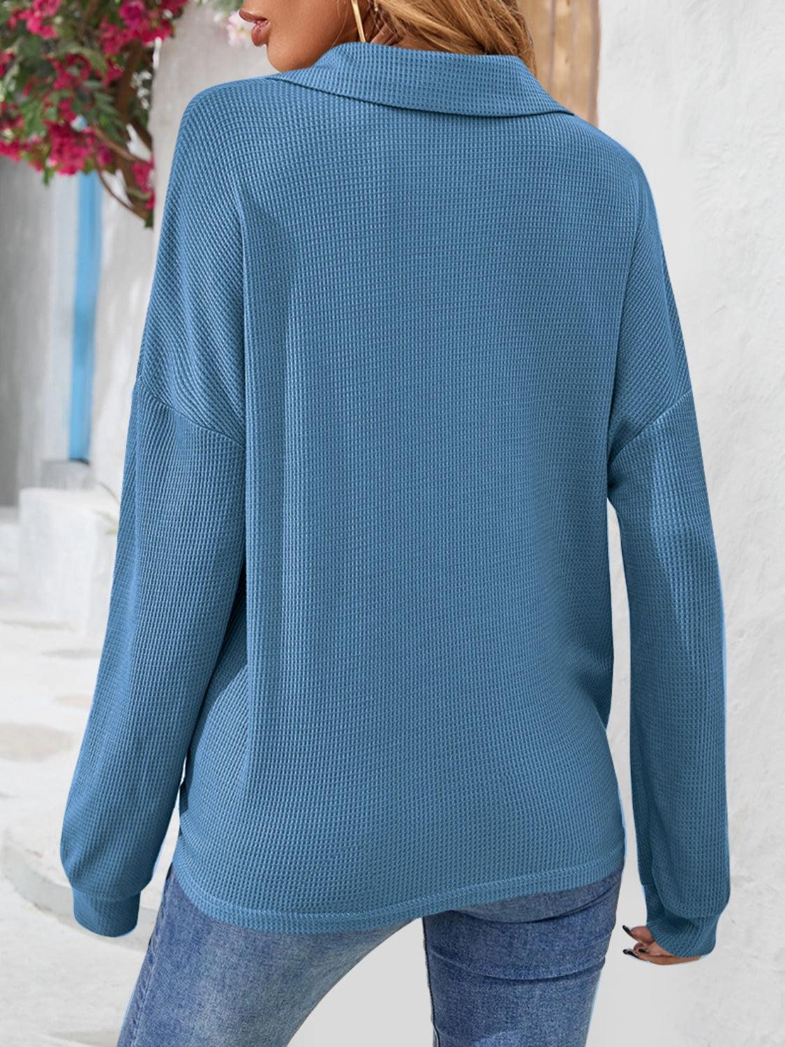 Half Button Collared Neck Long Sleeve Top - Pahabu - Women's Clothing & Shop