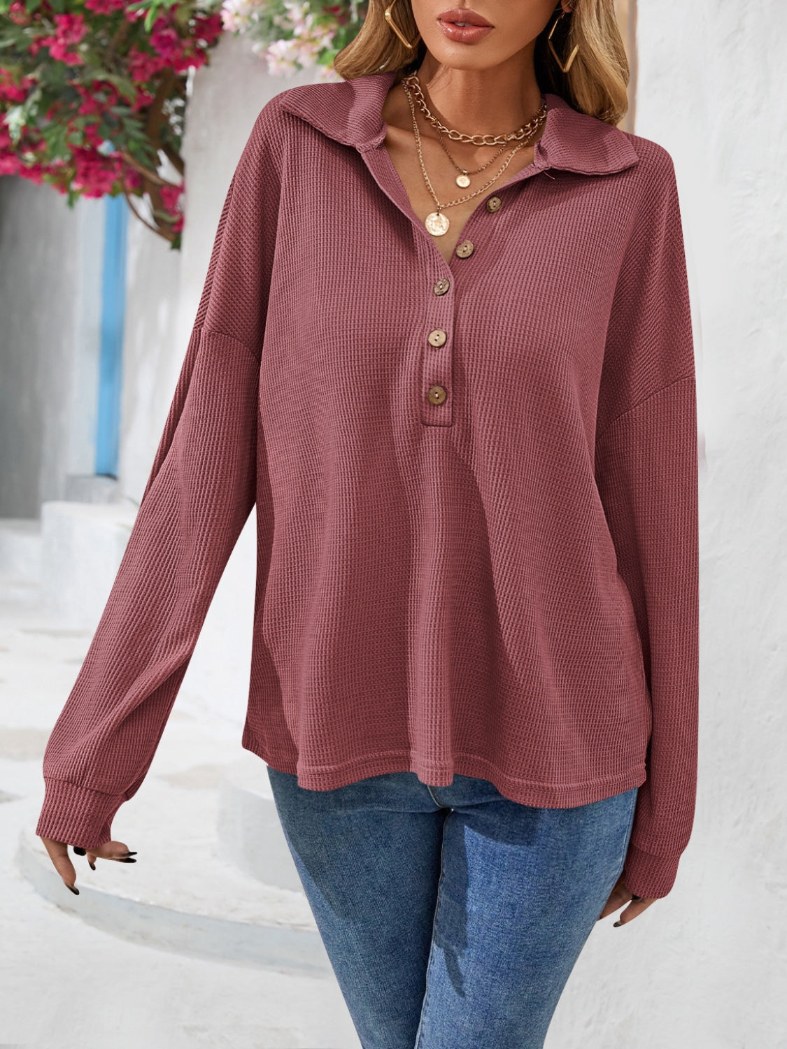 Half Button Collared Neck Long Sleeve Top - Pahabu - Women's Clothing & Shop