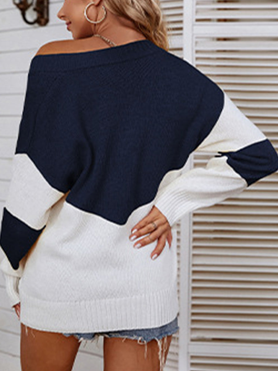 Color Block V-Neck Sweater - Pahabu - Women's Clothing & Shop