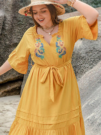 Plus Size Notched Tie Waist Half Sleeve Midi Dress - Pahabu - Women's Clothing & Shop