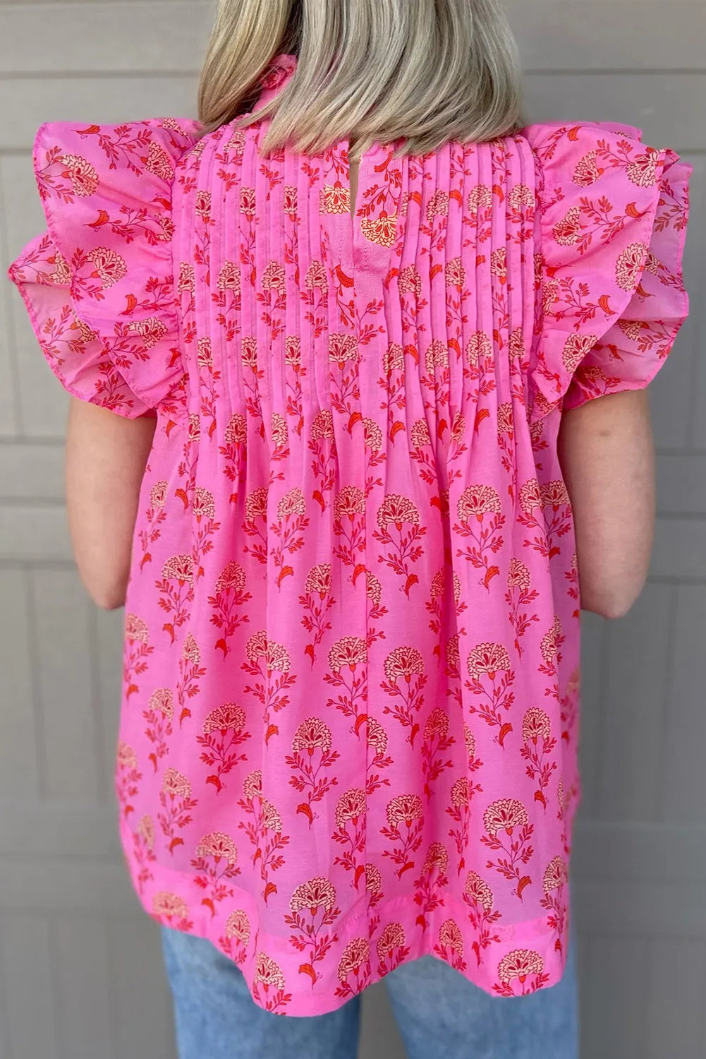 Ruffled Printed Mock Neck Cap Sleeve Blouse - Pahabu - Women's Clothing & Shop
