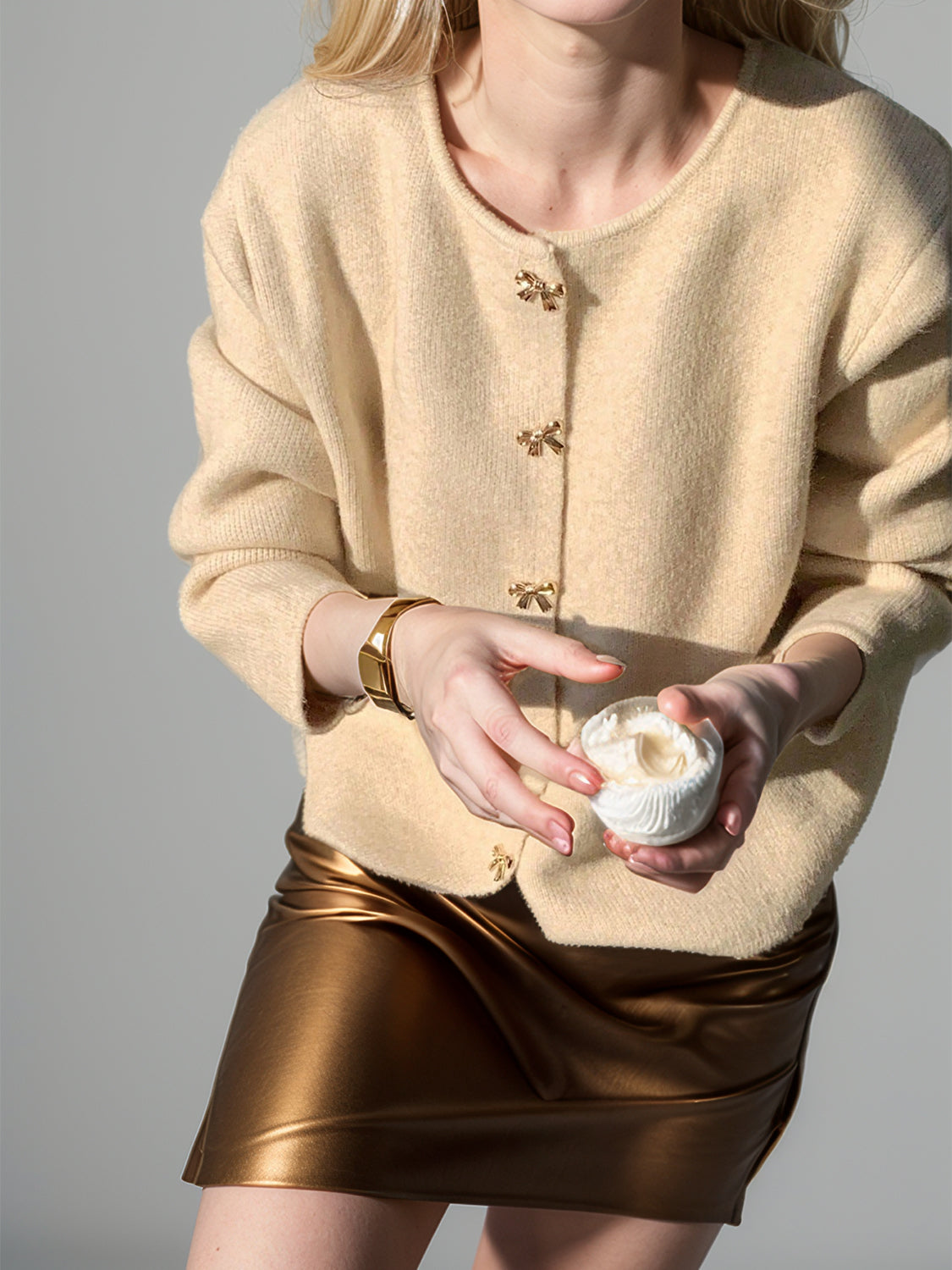 Bow Button Down Round Neck Long Sleeve Cardigan - Pahabu - Women's Clothing & Shop