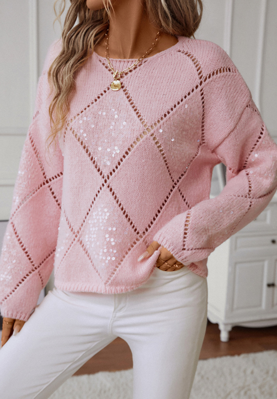 Openwork Sequin Round Neck Long Sleeve Sweater - Pahabu - Women's Clothing & Shop