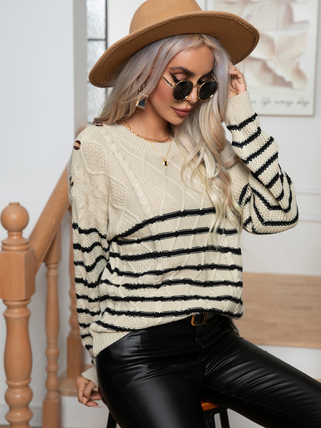 Striped Round Neck Cable-Knit Sweater - Pahabu - Women's Clothing & Shop