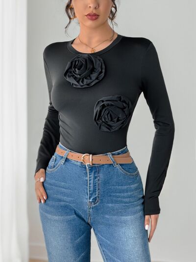 Perfee Flower Round Neck Long Sleeve Bodysuit - Pahabu - Women's Clothing & Shop