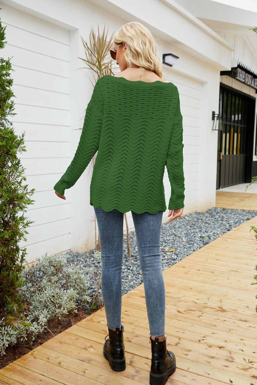 Woven Right Scalloped Boat Neck Openwork Tunic Sweater - Pahabu - Women's Clothing & Shop