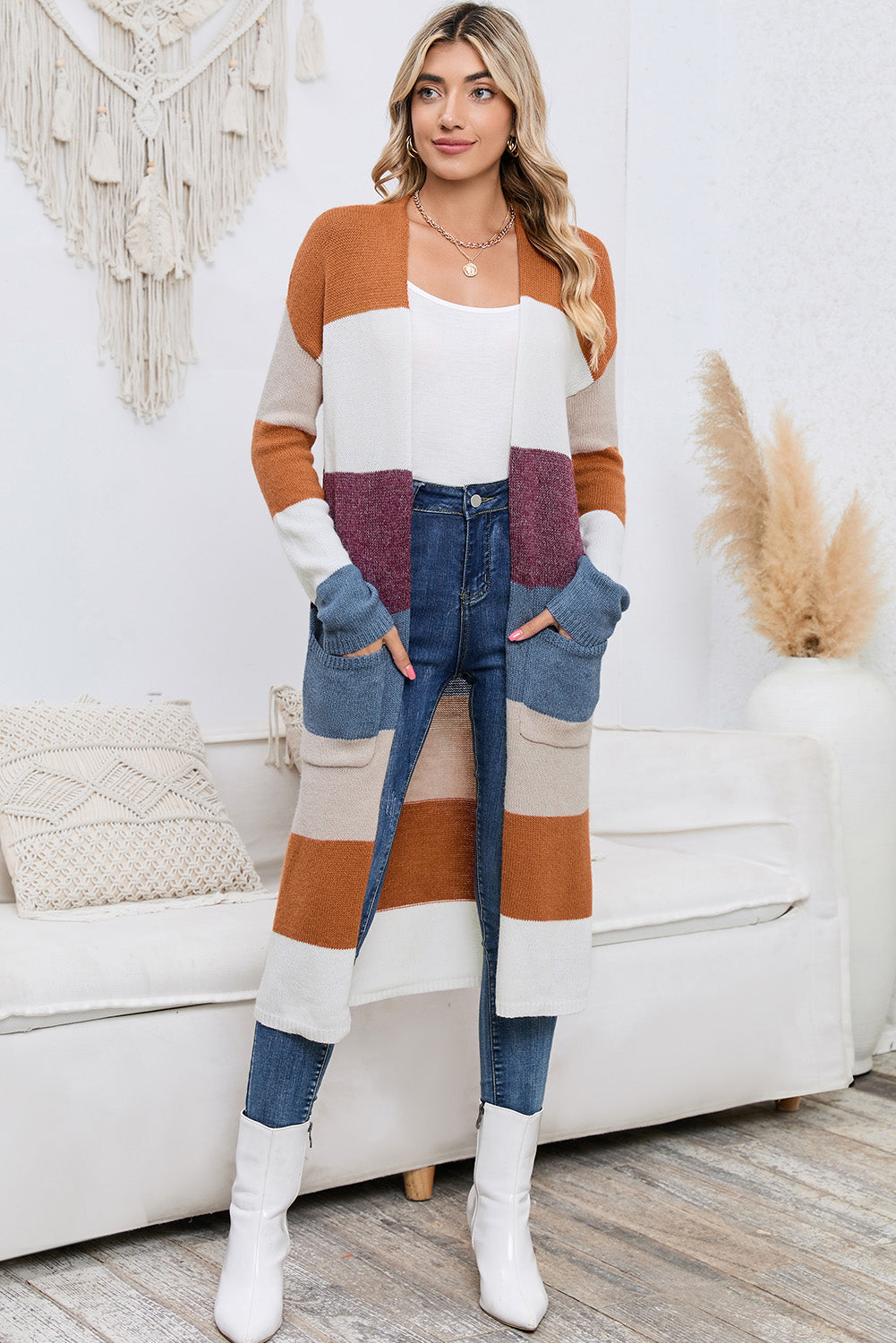Long Color Block Open Front Pocketed Cardigan - Pahabu - Women's Clothing & Shop