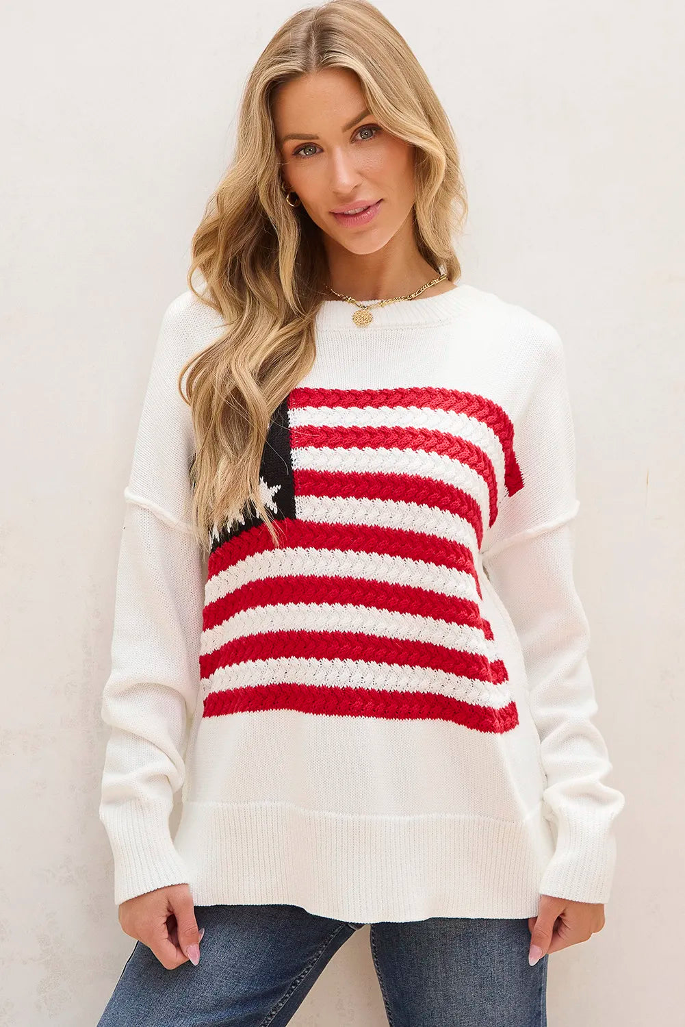 US Flag Round Neck Long Sleeve Knit Top - Pahabu - Women's Clothing & Shop