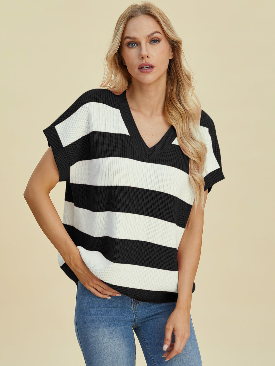 Double Take Full Size Striped V-Neck Short Sleeve Sweater - Pahabu - Women's Clothing & Shop