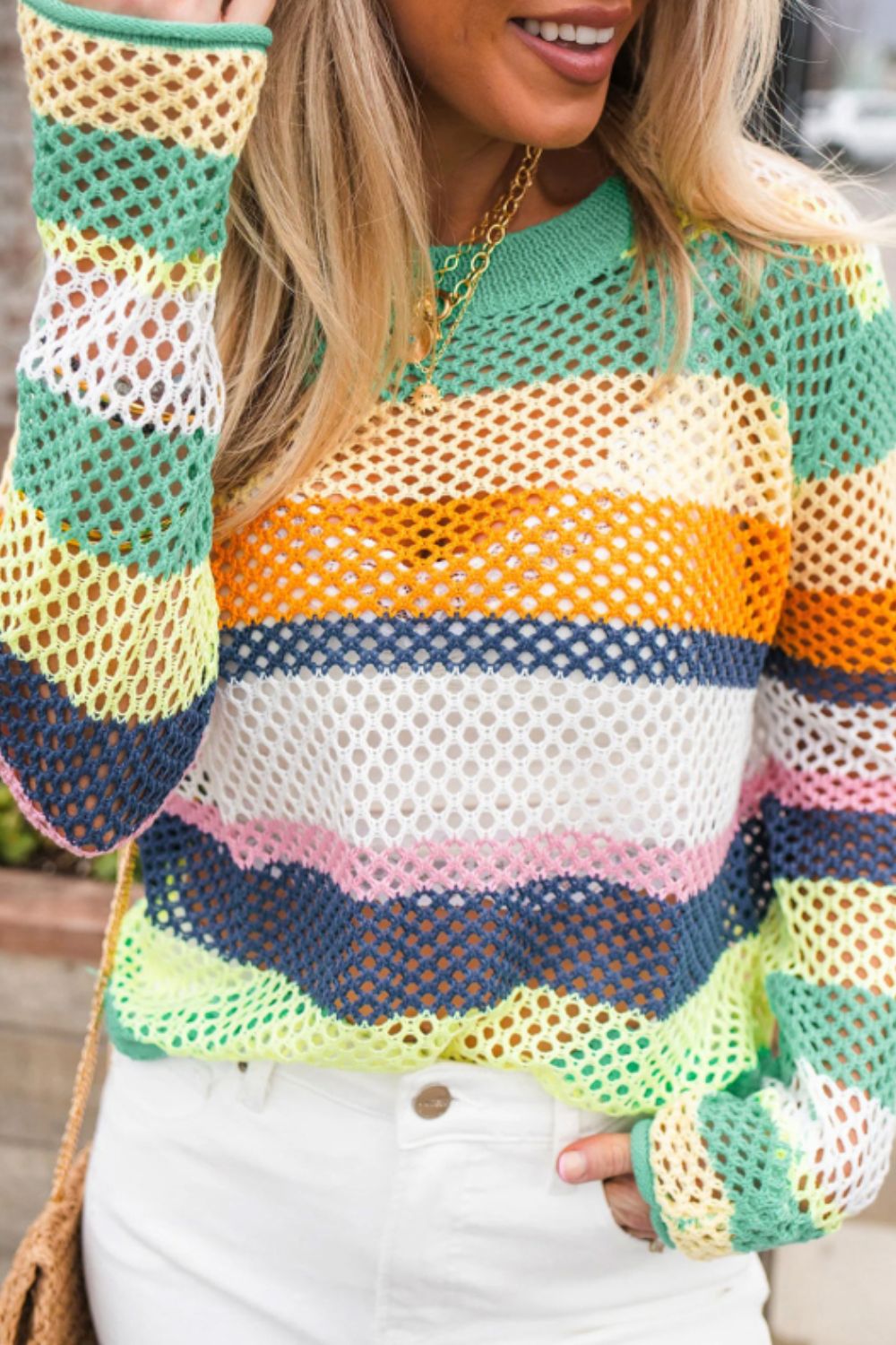 Openwork Contrast Striped Round Neck Knit Top - Pahabu - Women's Clothing & Shop