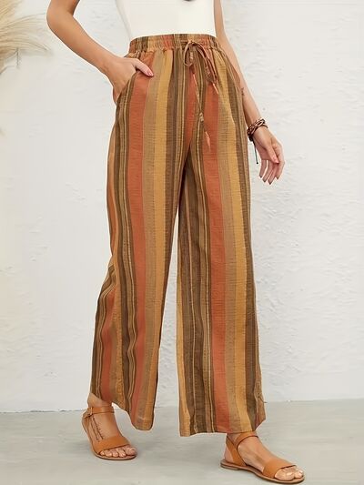 Full Size Drawstring Striped Wide Leg Pants - Pahabu - Women's Clothing & Shop