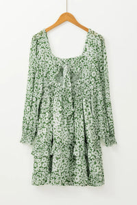 Ruffle Hem Floral Square Neck Long Sleeve Dress - Pahabu - Women's Clothing & Shop
