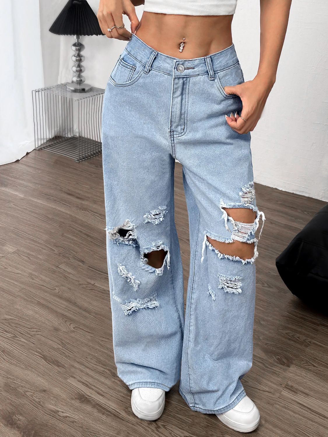 Distressed Wide Leg Jeans with Pockets - Pahabu - Women's Clothing & Shop
