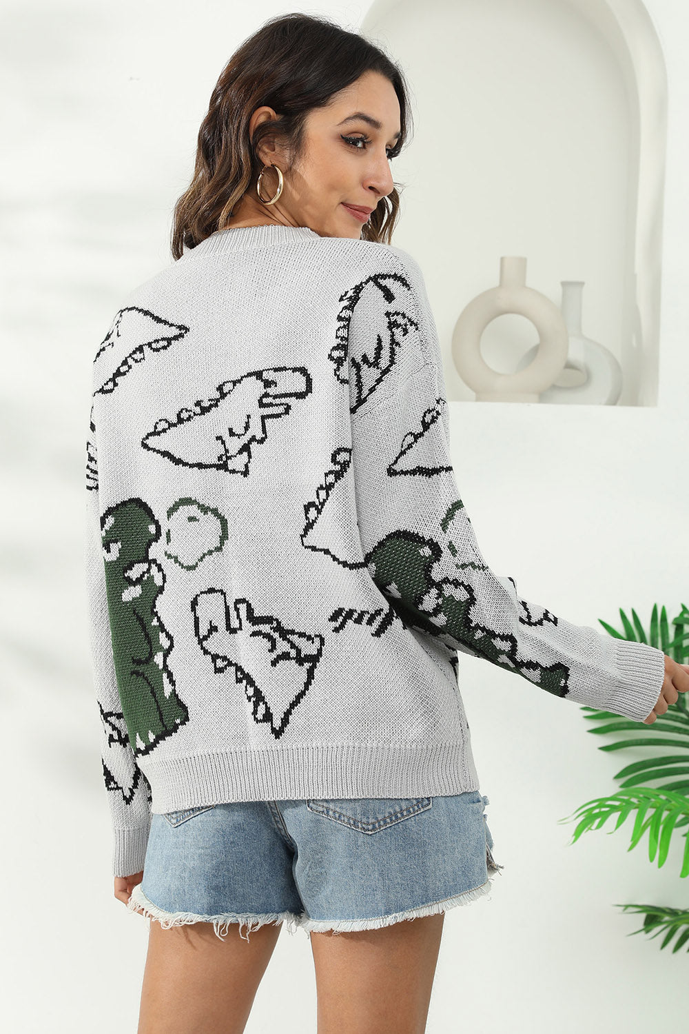 Dinosaur Print Pullover Sweater - Pahabu - Women's Clothing & Shop