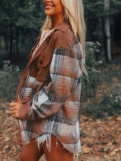 Plaid Collared Neck Button Up Shacket - Pahabu - Women's Clothing & Shop