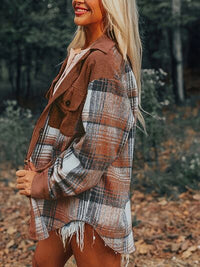 Plaid Collared Neck Button Up Shacket - Pahabu - Women's Clothing & Shop