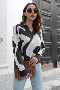 Two-Tone Johnny Collar Dropped Shoulder Pullover Sweater - Pahabu - Women's Clothing & Shop