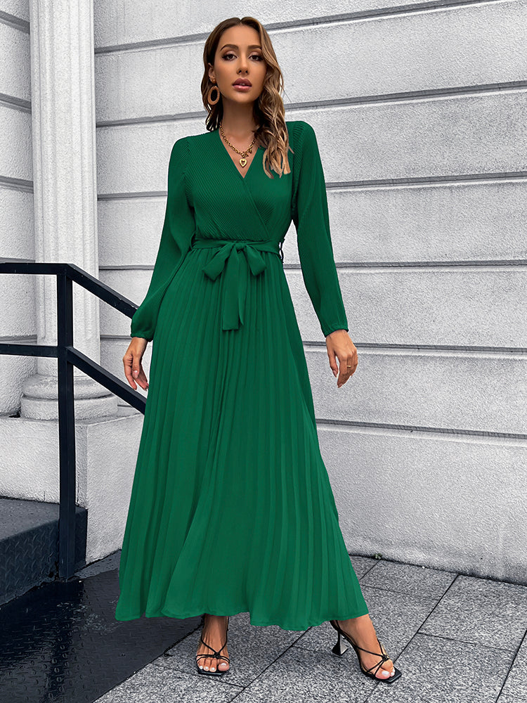 V-Neck Tie Waist Pleated Maxi Dress - Pahabu - Women's Clothing & Shop