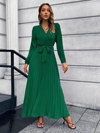 V-Neck Tie Waist Pleated Maxi Dress - Pahabu - Women's Clothing & Shop