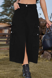 Slit Front Midi Denim Skirt with Pockets - Pahabu - Women's Clothing & Shop