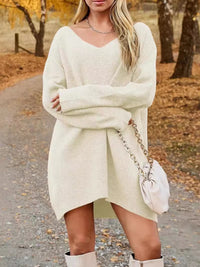 V-Neck Dropped Shoulder Sweater Dress - Pahabu - Women's Clothing & Shop