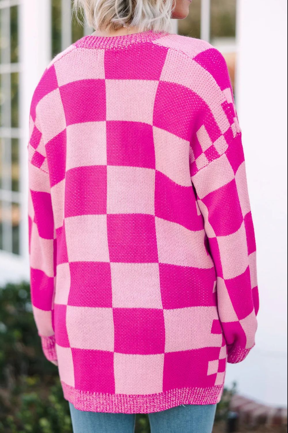 Checkered Open Front Long Sleeve Cardigan - Pahabu - Women's Clothing & Shop