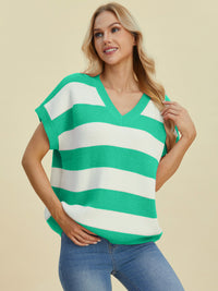 Double Take Full Size Striped V-Neck Short Sleeve Sweater - Pahabu - Women's Clothing & Shop