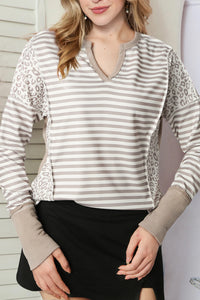 Exposed Seam Striped Notched Blouse - Pahabu - Women's Clothing & Shop