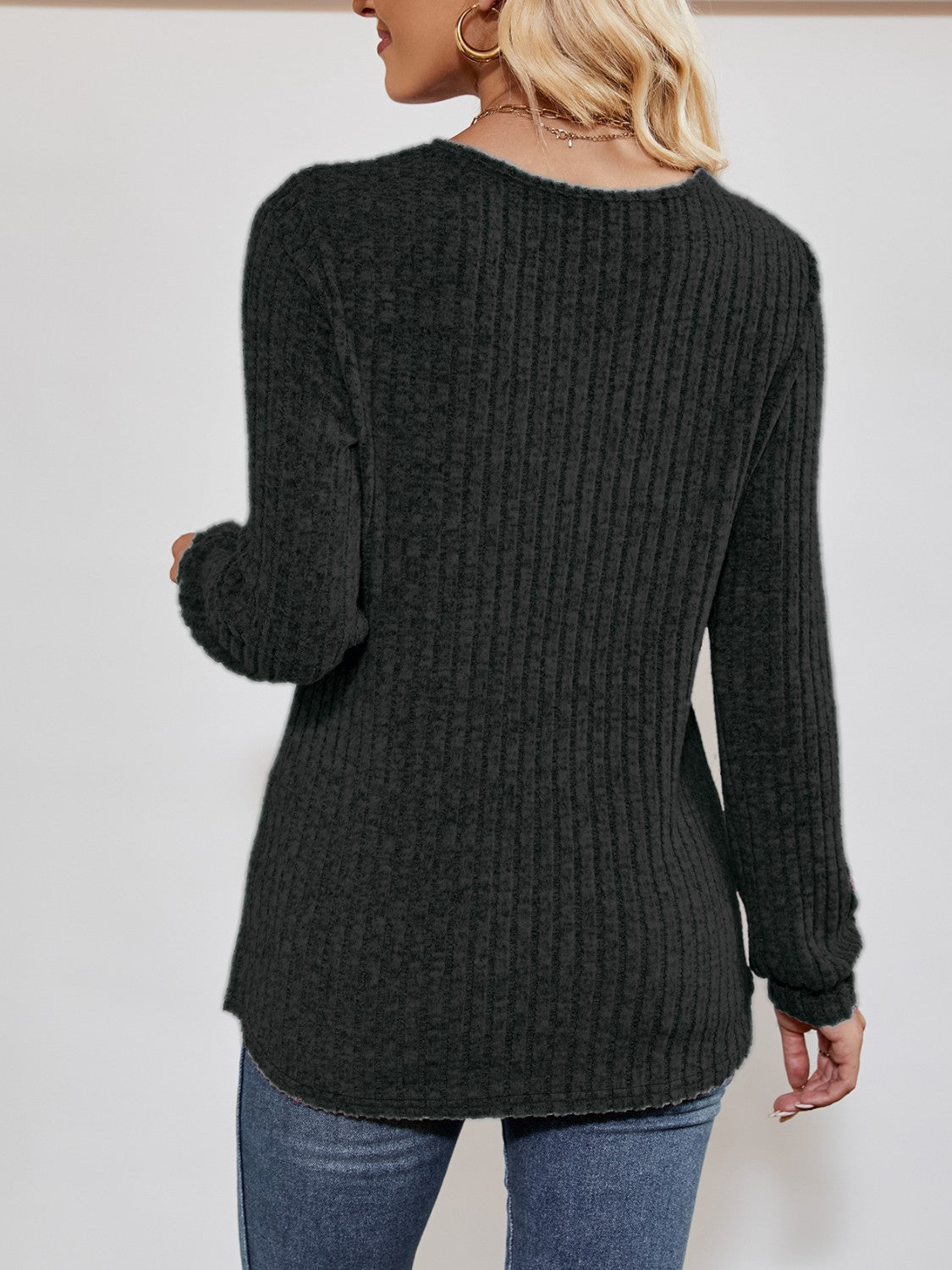 V-Neck Ribbed Long Sleeve Top - Pahabu - Women's Clothing & Shop